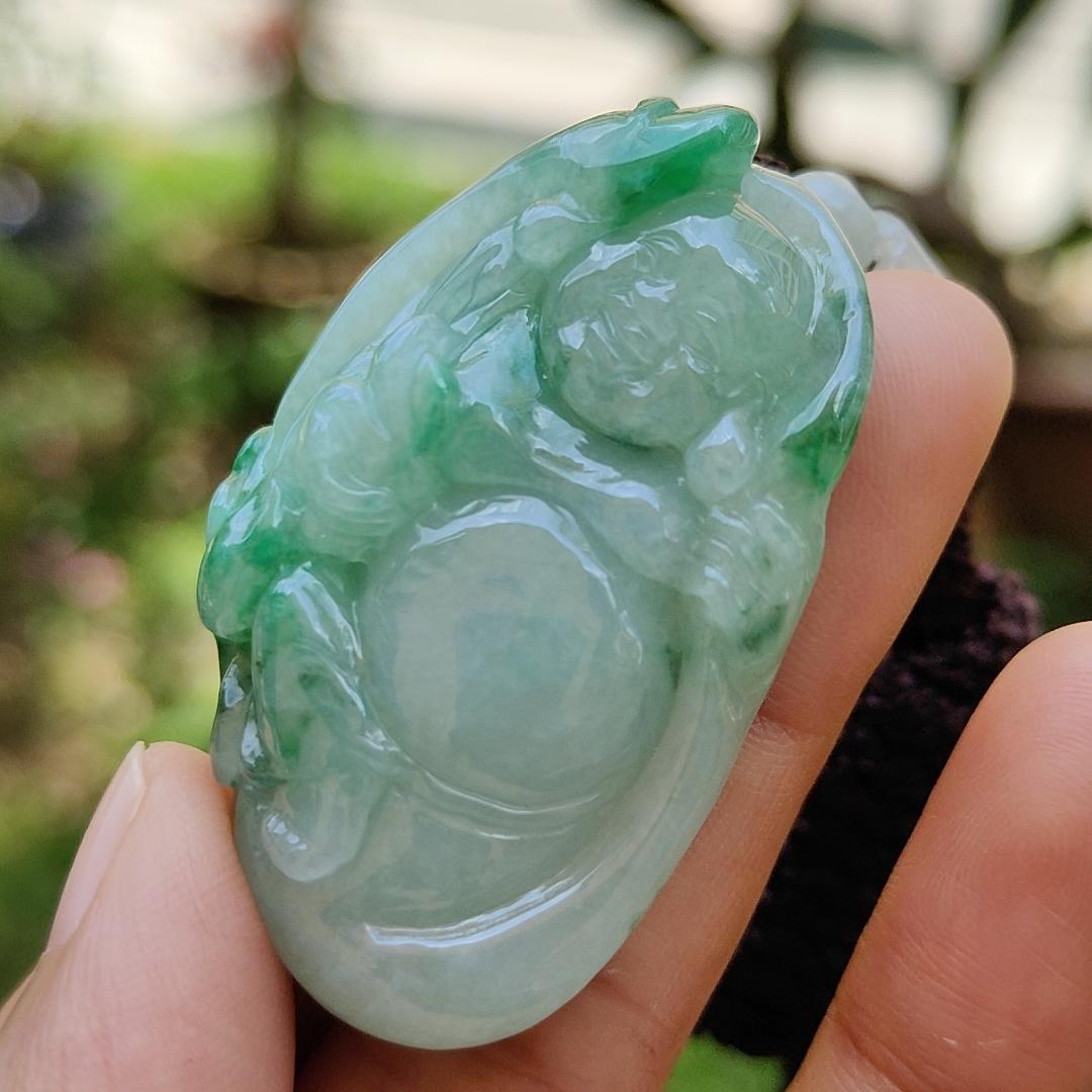 Rare High Quality Light Green and Green Natural Type A Jadeite Jade crafted with Milo Buddha as Pendant, certificate weighs 28.04 grams, measurement 46.3 * 30.3 * 13.9 mm (pendant285) Yi Pin Qian