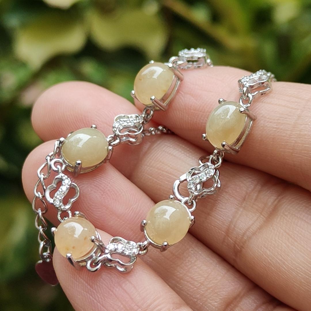 5 Good size Quality Brownish Yellow Cabochons crafted on Natural Type A Jadeite Jade set on S925 as Bracelet certificate weighs 5.43 grams (s925b3) Yi Pin Qian Jadeites Jade Jewelry ~Your Precious Quintessential ~ Singapore