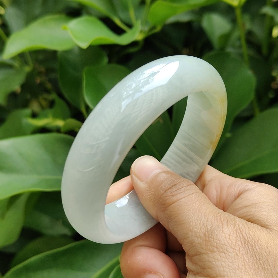 Beautiful Crafted as 59mm Peace Bangle with Light Green Hue, Brownish Yellow Type-A Natural Jadeite-Jade certificate weighs 77.9 grams, Width: 17.6 * Thickness 8 mm (bangle12) Yi Pin Qian Jadeites Jade Jewelry ~Your Precious Quintessential ~ Singapore
