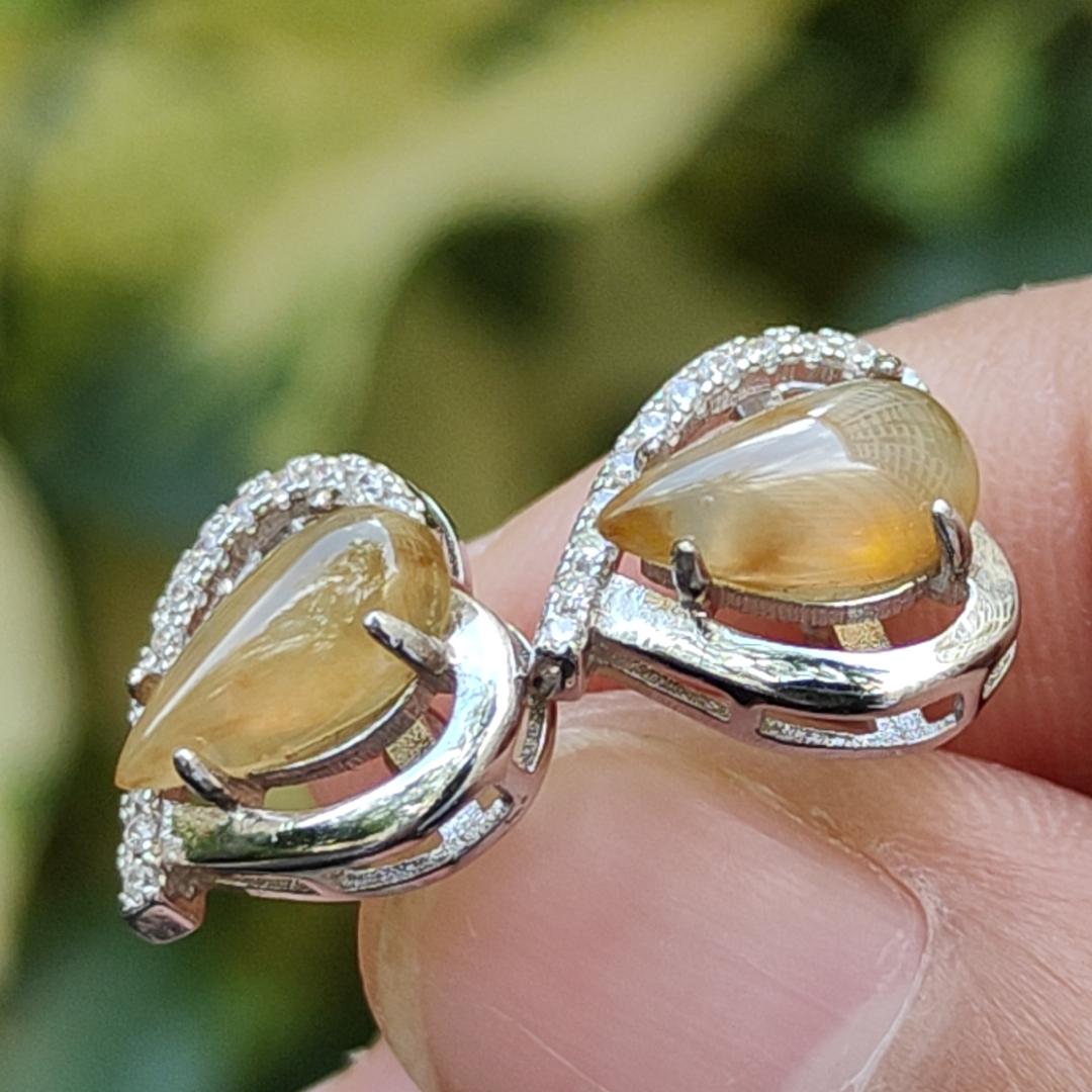 Icy Yellow Natural Type A Jadeite Jade set with S925 as Stud Earrings certificate weighs 2.24 grams (s925es1) Yi Pin Qian Jadeites Jade Jewelry ~Your Precious Quintessential ~ Singapore