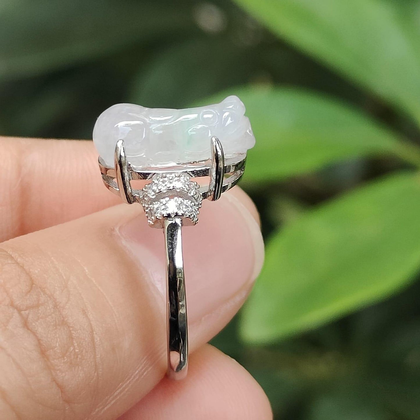 Crafted as Pixiu on Lavender with Green Natural Type A Jadeite Jade set on S925 as adjustable Ring certificate weighs 2.65 grams, measurement 14 * 6.7 * 5.4 mm (s925ring28) Yi Pin Qian Jadeites Jade Jewelry ~Your Precious Quintessential ~ Singapore
