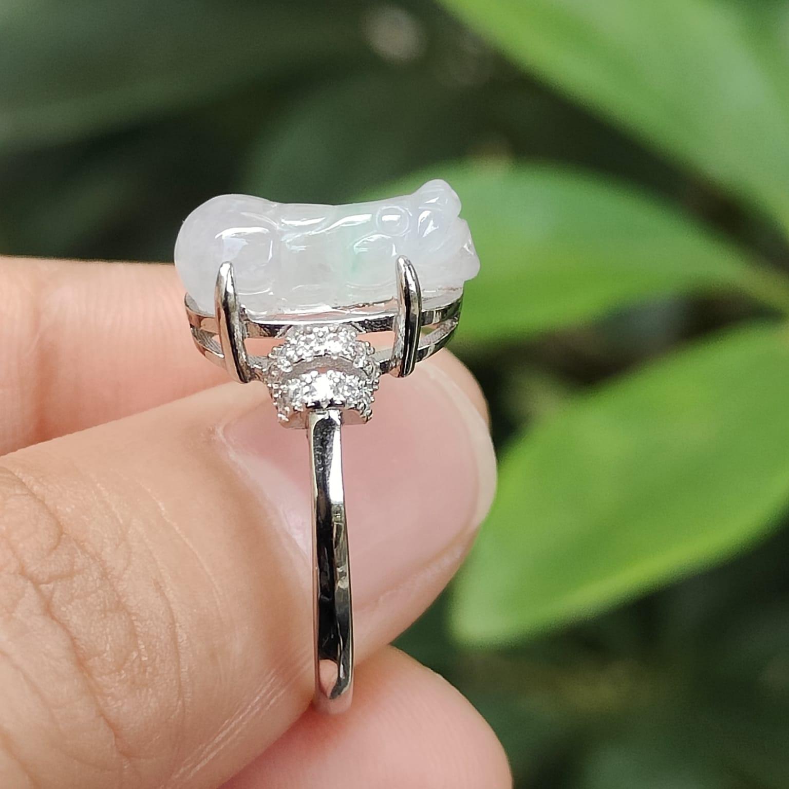 Crafted as Pixiu on Lavender with Green Natural Type A Jadeite Jade set on S925 as adjustable Ring certificate weighs 2.65 grams, measurement 14 * 6.7 * 5.4 mm (s925ring28) Yi Pin Qian Jadeites Jade Jewelry ~Your Precious Quintessential ~ Singapore