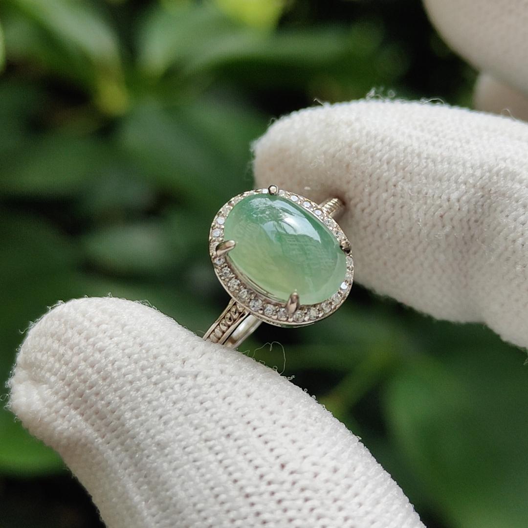 Crafted as Cabochon size 10.7 * 8 * 3mm on Light Green Natural Type-A Jadeite-Jade set with S925 adjustable as Ring, QIC approved Certificate weighs 2.25 grams (s925ring18) Yi Pin Qian Jadeites Jade Jewelry ~Your Precious Quintessential ~ Singapore