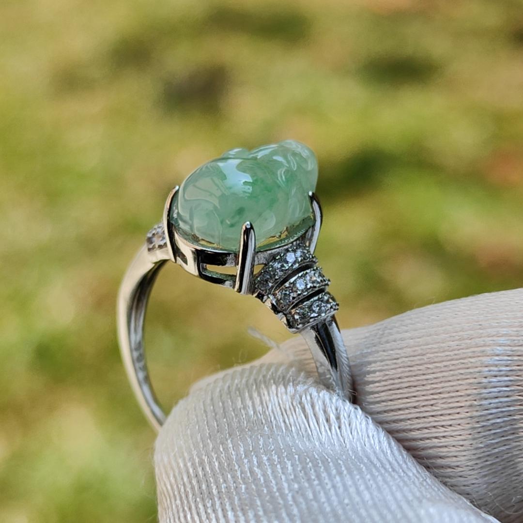 Icy Light Green with green patches Natural Type A Jadeite Jade crafted as Pixiu set on S925 adjustable as Ring with certificate weigh 2.68 grams, measurement 10.5 * 7.7 * 4.6 mm (s925ring7) Yi Pin Qian