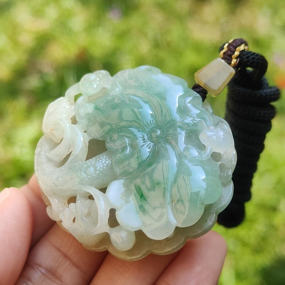 Rare Quality Yellow and Green Natural Type A Jadeite Jade beautifully crafted with frog and lotus old school hollow style, certificate weigh 27.08 grams, measurement 41.6 * 48 * 11 mm (pendant209) Yi Pin Qian