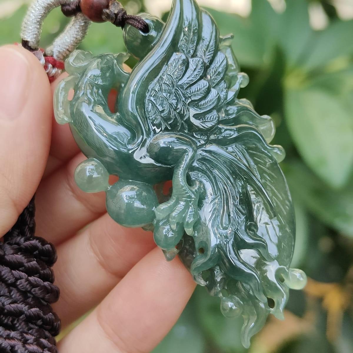 Green High Quality Natural Type A Jadeite Jade New arrival crafted as Phoenix, Pendant, certificate weighs 32.81 grams, measurement 58.6 * 34.5 * 12.3 mm (pendant326) Yi Pin Qian Jadeites Jade Jewelry ~Your Precious Quintessential ~ Singapore