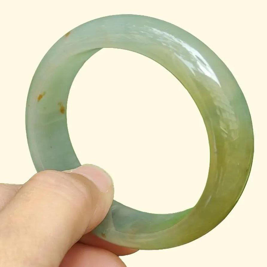 Collectible Authentic Natural Type-A Jadeite-Jade crafted as 53mm Green with Brown and Redish Patches Chaise Oval Bracelet Bangle, Certificate weighs 44.36, Width: 13.9mm Thickness: 6.8mm (bangle13) Yi Pin Qian Jadeites Jade Jewelry ~Your Precious Quintessential ~ Singapore