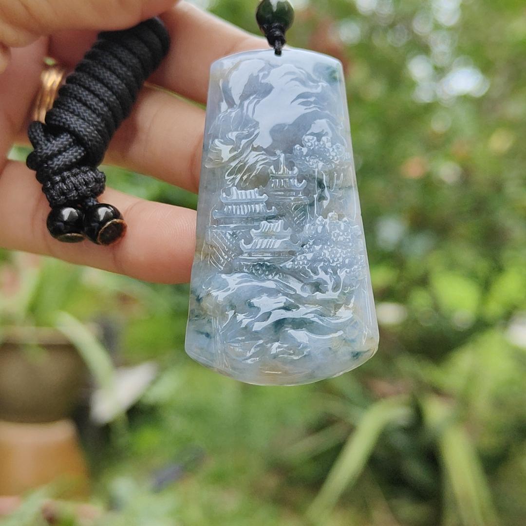 Unique Lavender Natural Type A Jadeite Pendant carved with scene come with certificate weight 19.55 grams, 53.80 *27.50 * 5.50 mmm, suitable for daily wear (pendant121) Yi Pin Qian