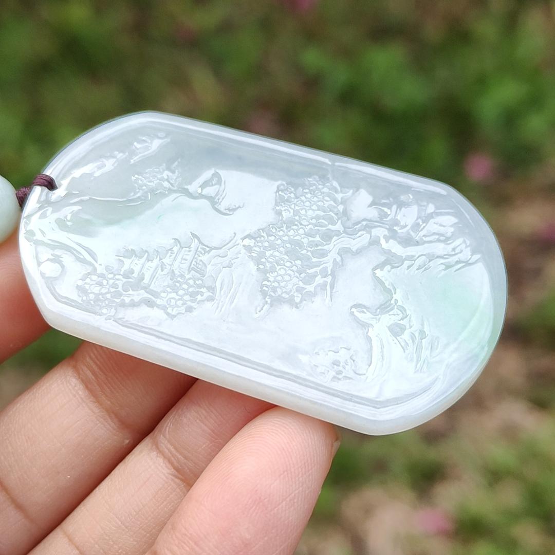 Quality Semi Icy White and Light Green Patches Natural Type A Jadeite Jade crafted with sceneries as pendant with QIC labs approved certificate weigh 24.89 grams, measurement 54 * 32 * 4.5 mm (pendant227) Yi Pin Qian
