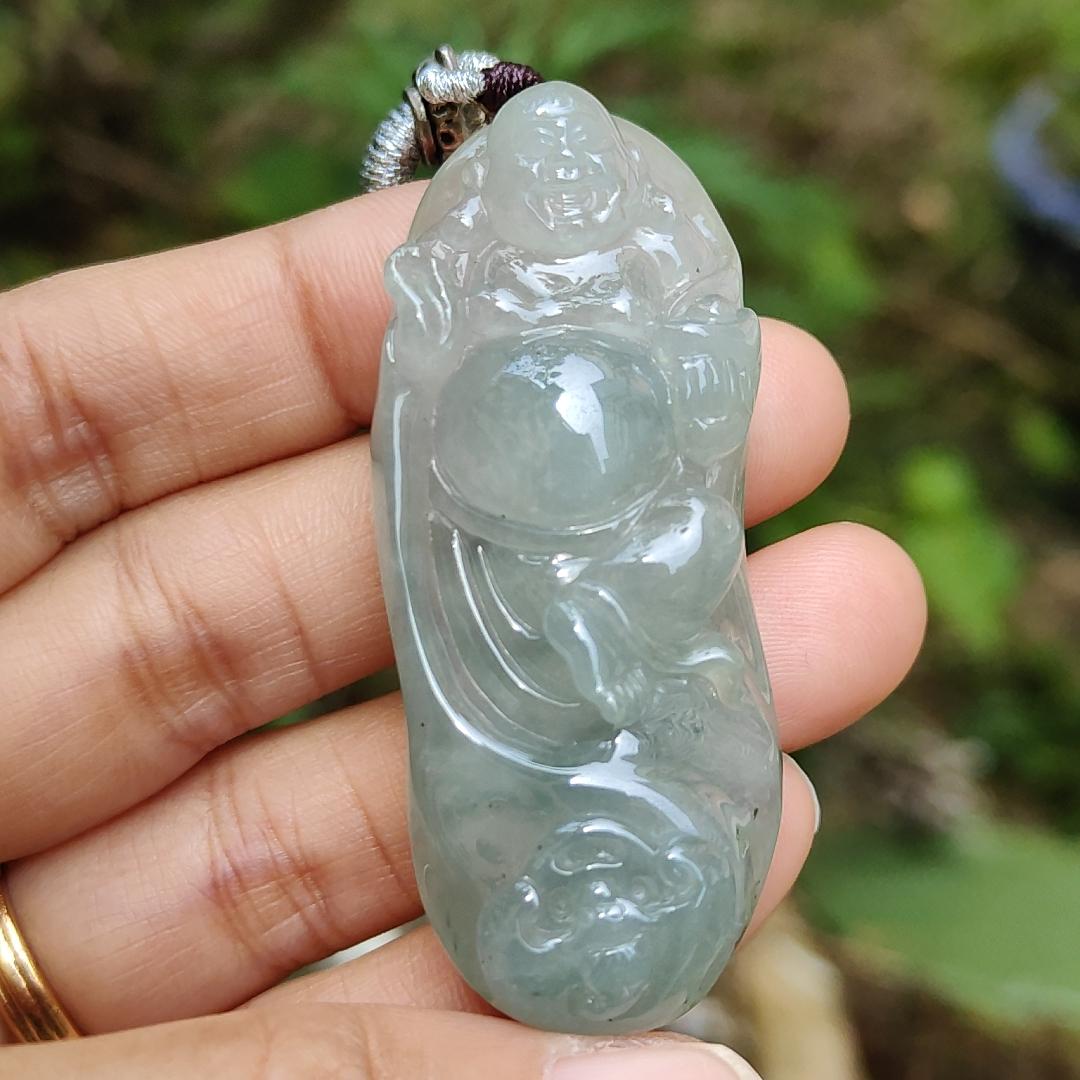 Premium Rare Semi Icy Natural Type A Jadeite Jade crafted with Milo Buddha as Pendant Necklace with certificate weigh 30.56 grams, measurement 56 * 23 * 12.8 (pendant207) Yi Pin Qian