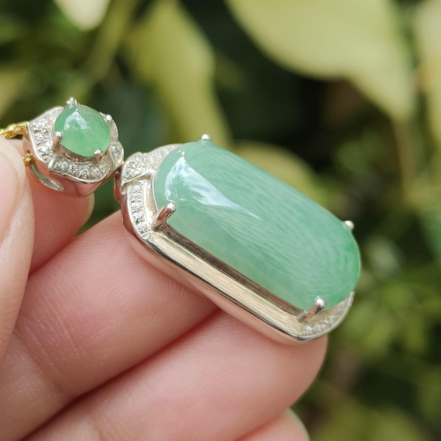 High Quality Rare Green Cabochons on Natural Type A Jadeite Jade set with S925 as Pendant, certificate weighs 5.44 grams, measurement 34.2 * 13.3 * 9.1 mm (s925p4) Yi Pin Qian Jadeites Jade Jewelry ~Your Precious Quintessential ~ Singapore