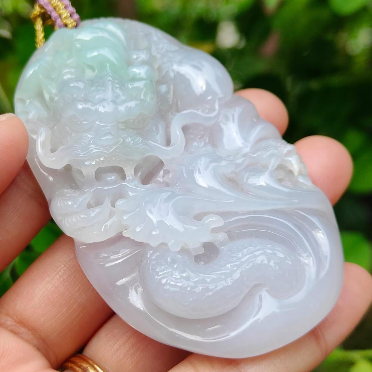 Hugh Dragon #2 Crafted on Natural Type A Jadeite Jade as Pendant, certificate weighs 88.3 grams, measurement 74 * 44.2 * 17 mm (pendant365)