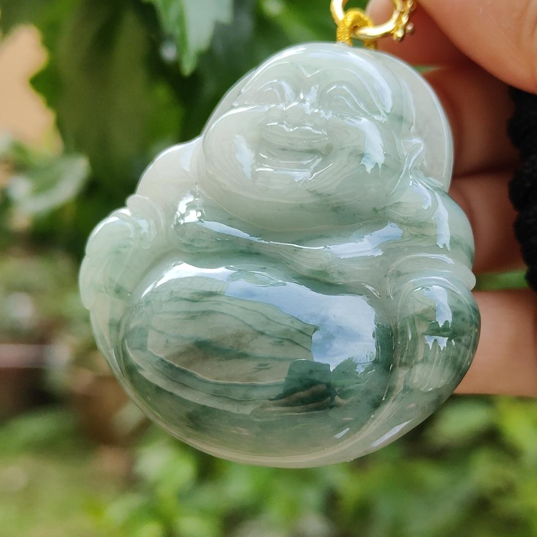 Rare, Hugh, Old Mine Translucent Floating bluish green patches Natural Type A Jadeite Pendant carved as Milo Buddha weight 232.82 grams, 52.83 * 51.18 * 12.18 mm, fine grain crystal aggregate suitable for daily wear with NGI Certificate (pendant143) Yi Pin Qian