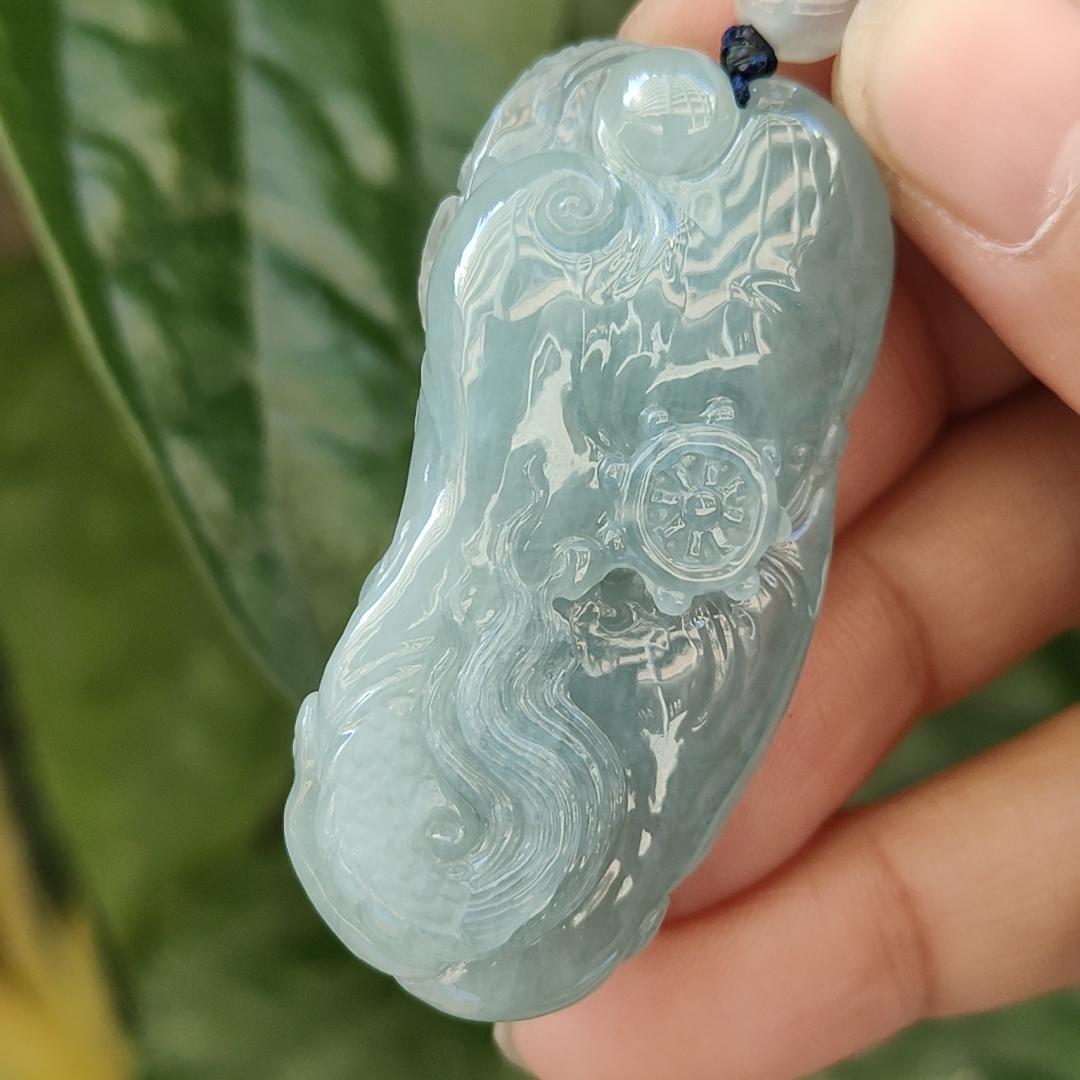 Natural Type A Jadeite Jewellery Pendant carved with dragon weighs at 30.06 grams , 50.32 * 23.30 * 12.93 mm - with Gemstone report from NGI - Very Good Translucency with faint greenish blue (pendant140) Yi Pin Qian