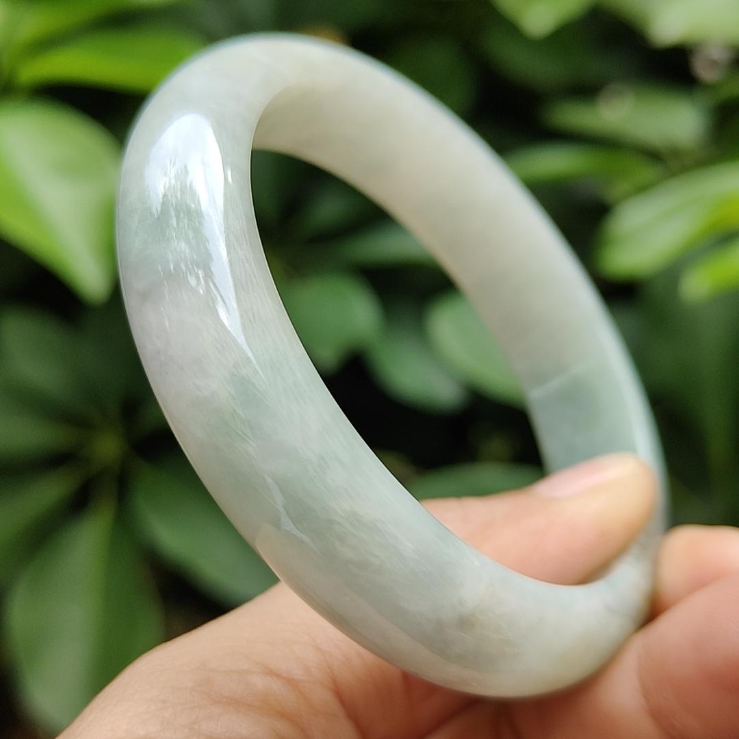 57.8mm, Width 13.7 * Thickness 7.8 mm Peace Bangle Light Green Hue with Brownish Yellow Natural Type A Jadeite Jade certificate weighs 59.44 grams (bangle20) Yi Pin Qian Jadeites Jade Jewelry ~Your Precious Quintessential ~ Singapore