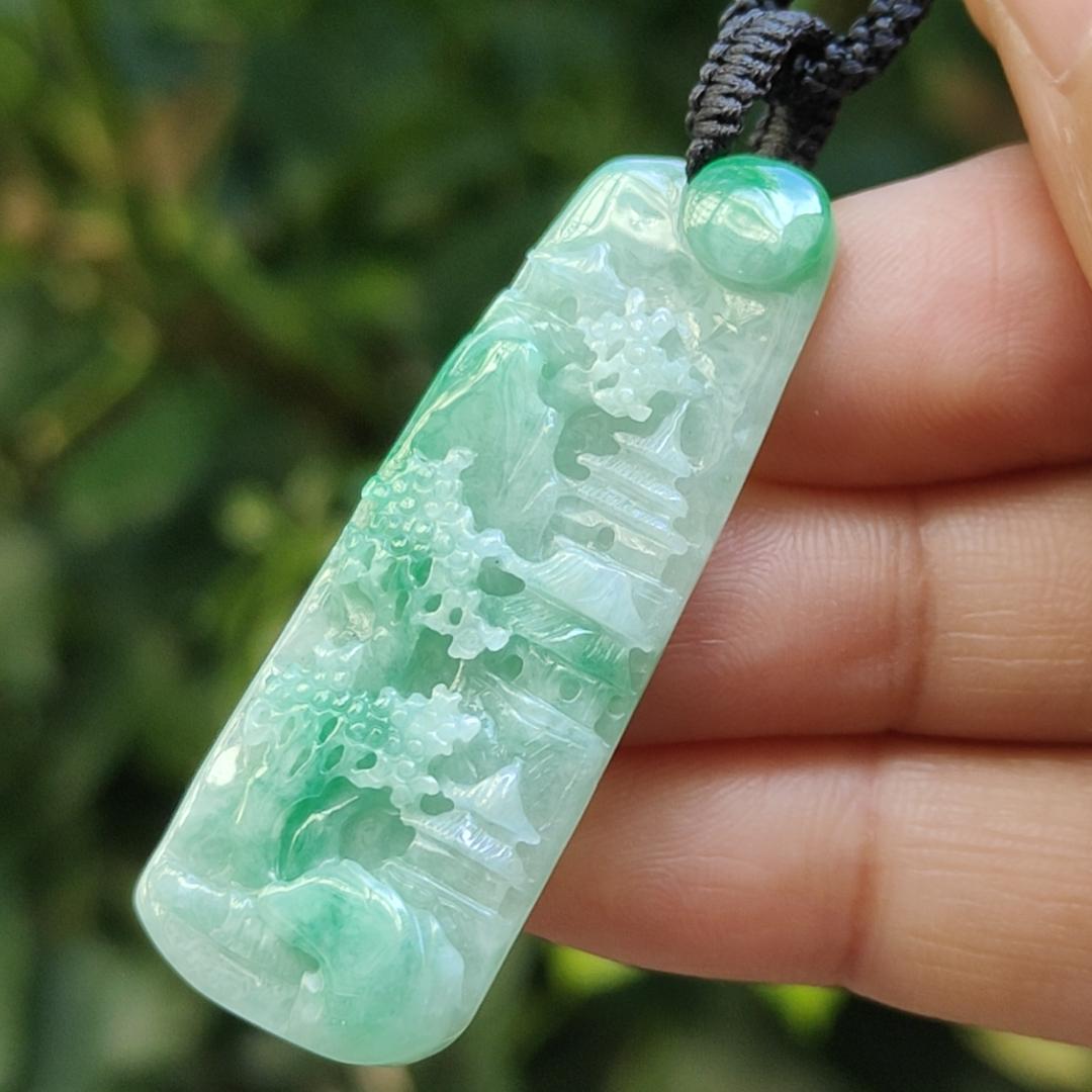 Beautiful Pendant crafted with scenery on Natural Type A Jadeite Jade certificate weigh 7.06 grams, measurement 44.2 * 16.1 * 5.3 mm (pendant383) Yi Pin Qian Jadeites Jade Jewelry ~Your Precious Quintessential ~ Singapore
