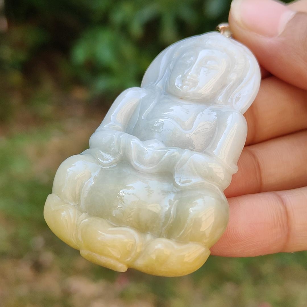 Yellow and White Guanyin Pendant Necklace Natural Type A Jadeite with certificate included weigh 25.08 grams, 59.1 * 38.6 * 7 mm, suitable for your daily wear (pendant6) Yi Pin Qian