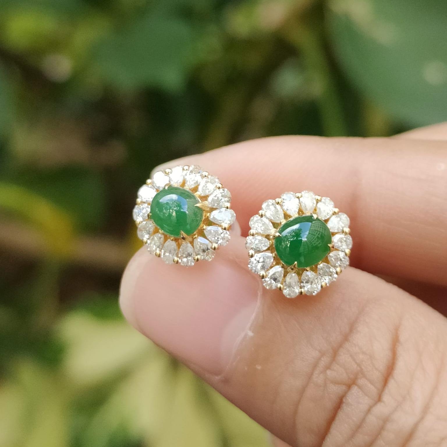 Latest New Arrival Premium High-Quality Pair of Green Cabochons Stud Earrings set on 18k gold on Natural Type A Jadeite Jade certificate weighs 2.19 grams (18kp03) Yi Pin Qian Jadeites Jade Jewelry ~Your Precious Quintessential ~ Singapore