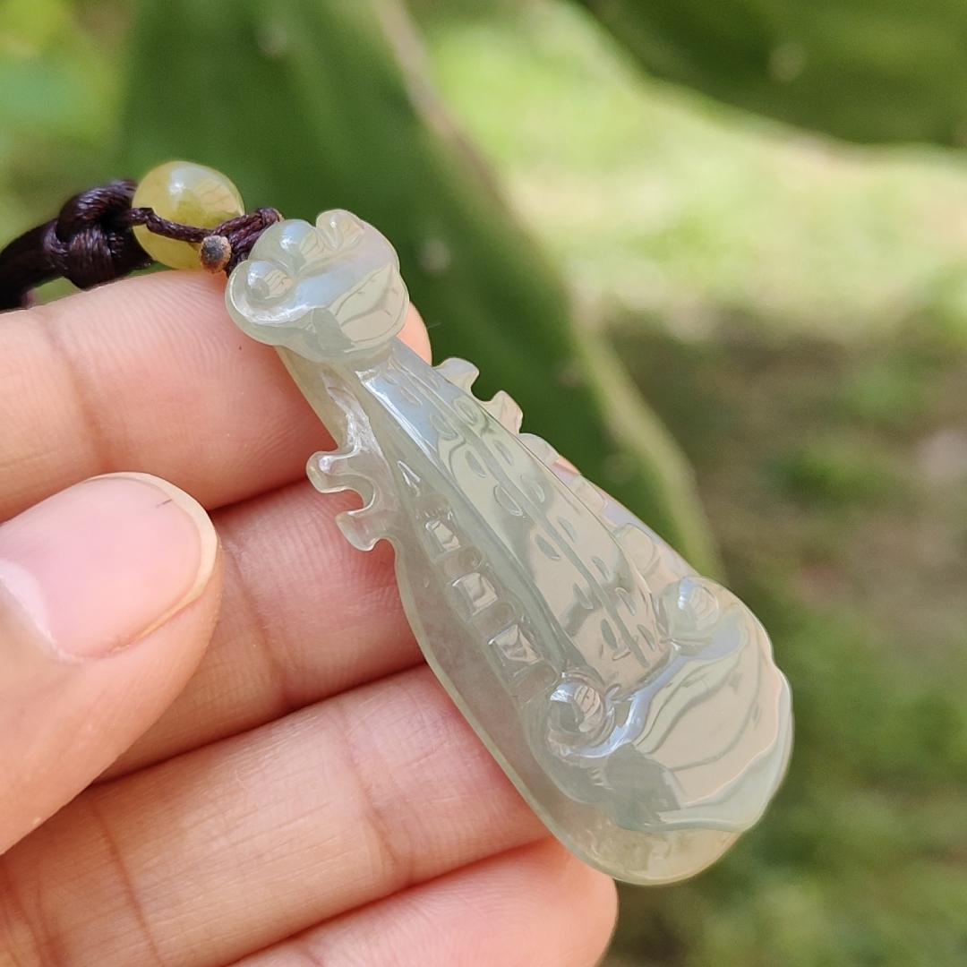 Semi Icy Rare Yellow and Green Natural Type A Jadeite Jade crafted as Ruyi musical instrument pipa as Pendant with certificate weigh 9.08 grams, measurement 45.3 * 18.7 * 6.6 mm (pendant226) Yi Pin Qian