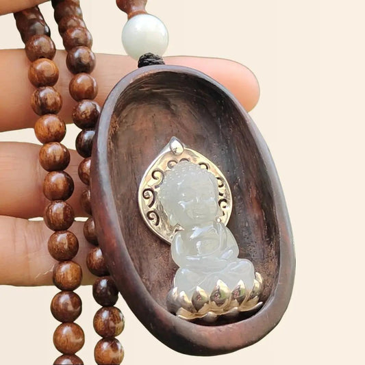 Semi Icy Good Translucent Natural Type A Jadeite Jade crafted as Buddha set on S925 and Sandalwood as Pendant, certificate weighs 31.79 grams, measurement 60.3 * 37.1 * 21.1 mm (s925p2) Yi Pin Qian