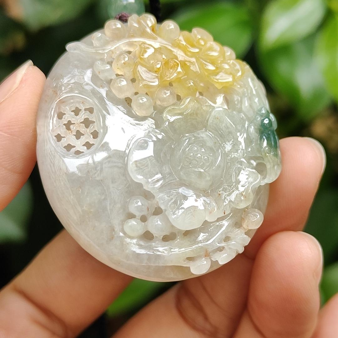 Rare Old Collection Old School Flowers Pendant Yellow and Green Natural Type A Jadeite Jade certificate weighs 42.61 grams, measurement 46.8 * 40.8 * 13.2 mm (pendant387) Yi Pin Qian Jadeites Jade Jewelry ~Your Precious Quintessential ~ Singapore