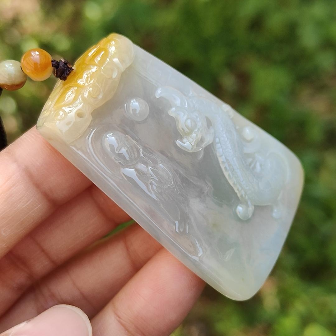Rare Yellow and white Glutinous Natural Type A Jadeite Pendant Necklace crafted with faceless buddha and dragon olc school style with certificate weigh 37.61 grams, 51 * 33.2 * 10 mm (pendant101) Yi Pin Qian
