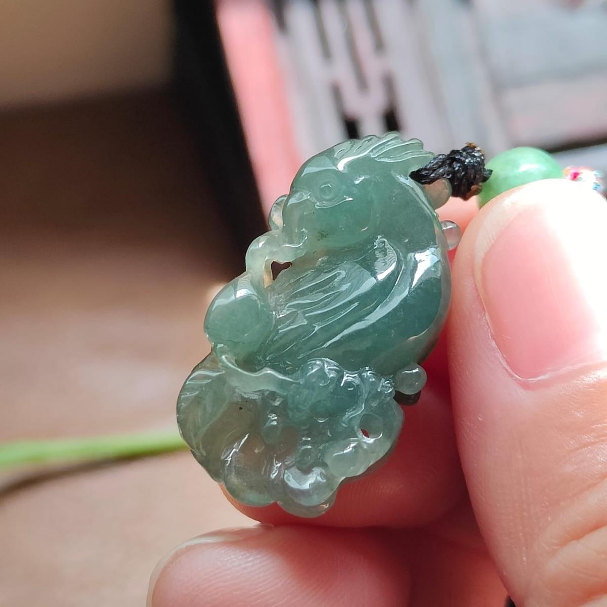 #Sold - Semi Icy Crafted as Parrot on Oil Green Natural Type A Jadeite Jade certificate weighs 6.19 grams, measurement 29.8 * 16.2 * 8 mm (pendant377)