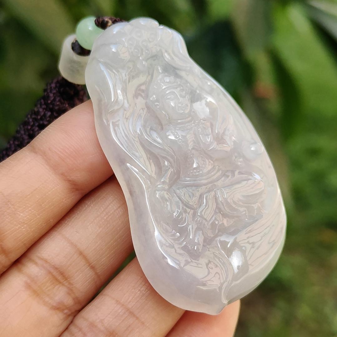 Semi Icy Rare Old School Natural Type A Jadeite Jade Pendant Necklace crafted as Manjushri Bodhisattva without Mount with certificate weigh 25.28 grams, 58 * 33.2 * 7.3 mm (pendant167) Yi Pin Qian