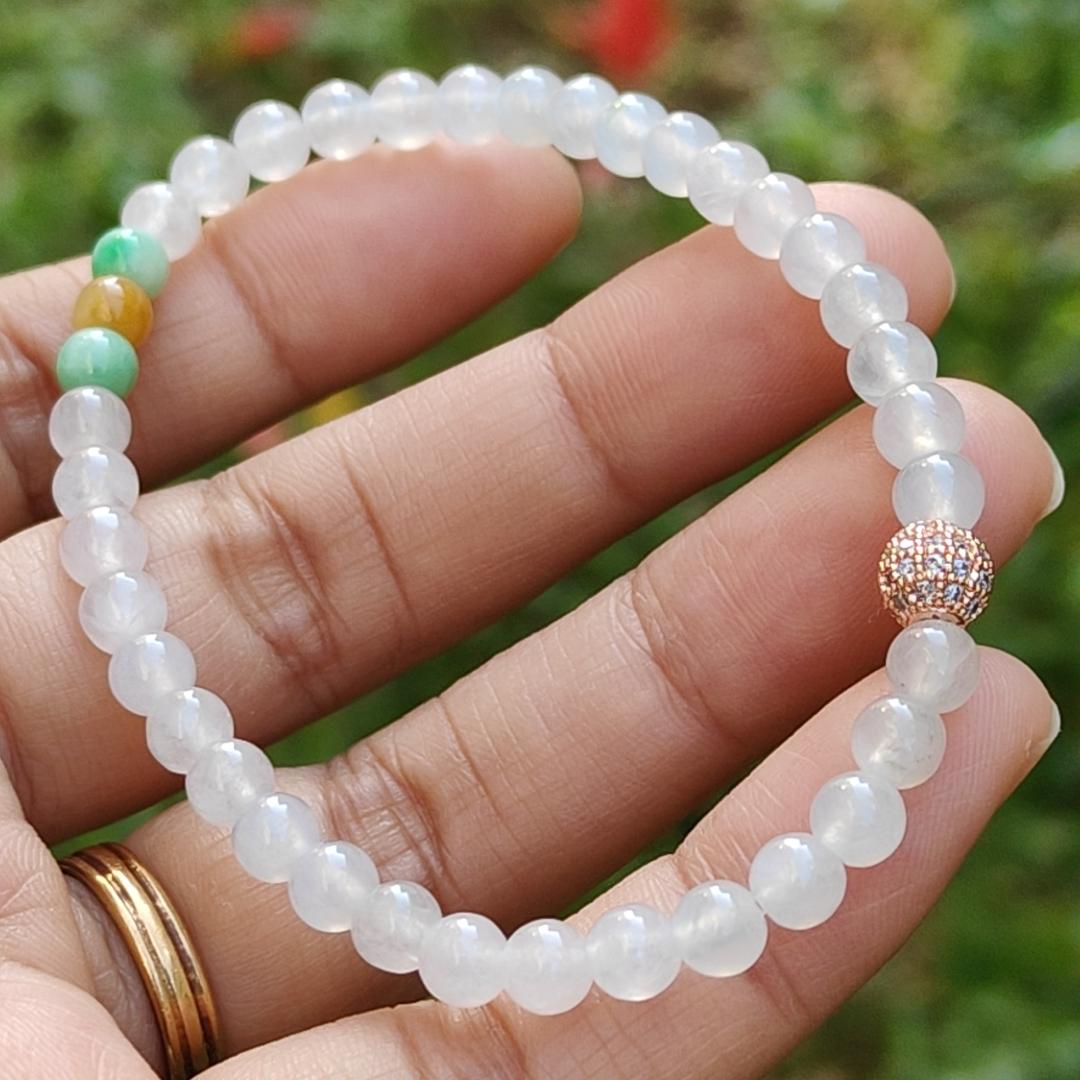 Icy Translucent beads, mix with 2 green 1 yellow Natural Type A Jadeite Bracelet, total of 38 beads with QIC labs approved certificate weigh 8.43 grams, measurement 4.8 mm, a stunning collection for your daily wear (bracelet3) Yi Pin Qian