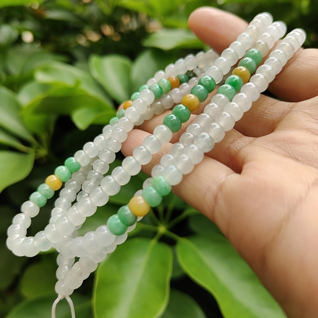 High Quality 90% Perfect 184 drum shape Icy * 154, Green * 24, Yellow * 6 Natural Type A Jadeite Jade Beads as Bracelet Necklace certificate weighs 49.19 grams, measurement 5.7 mm (bracelet29) Yi Pin Qian