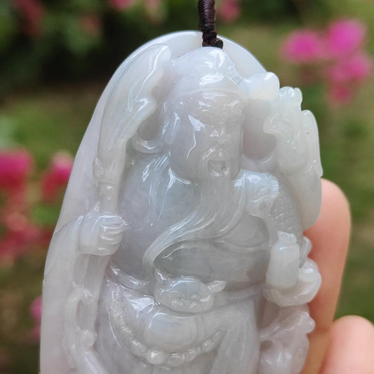 Rare 3 colors - crafted as Guan gong with lavender, green and brownish red patches Natural Type A Jadeite Pendant with NGI Gemstone report weight 380.02 grams, 72.30 * 41.08 * 15.00 mm, Translucent Fine grain crystal aggregate (pendant115) Yi Pin Qian