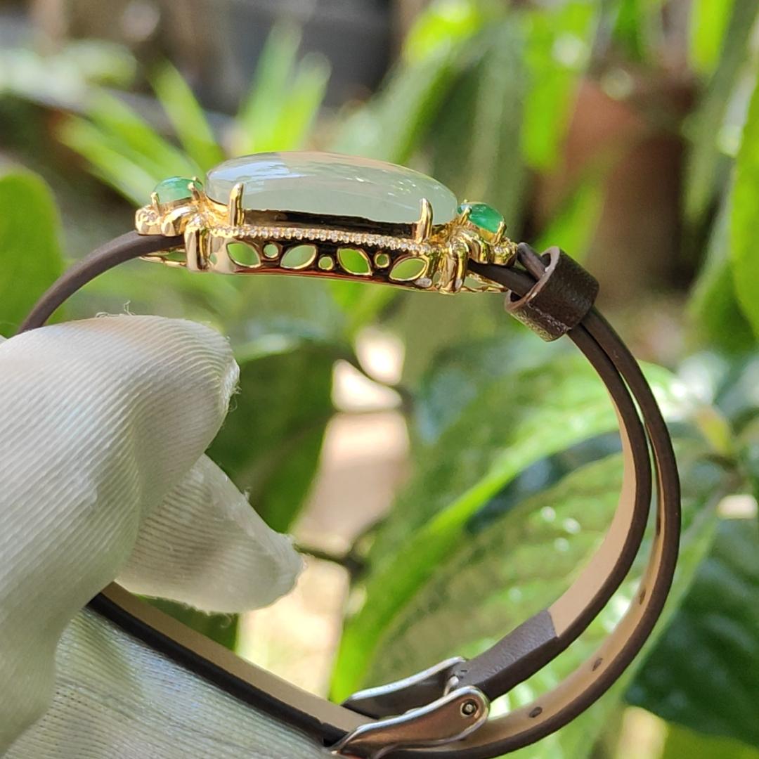 High Premium Quality Natural Type A Jadeite Jade with 3 cabochons set on 18k gold with diamonds as wrist bracelet or pendant, certificate weigh 4.39 grams (18kpw4) Yi Pin Qian