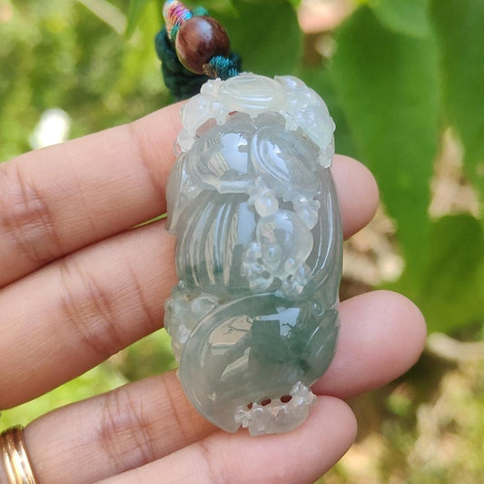 Premium Light Green Semi Icy Natural Type A Jadeite Jade Pendant crafted with frogs, coins and lotus with certificate weigh 35.12 grams, measurement 50.7 * 24.7 * 18.2 mm (pendant193) Yi Pin Qian