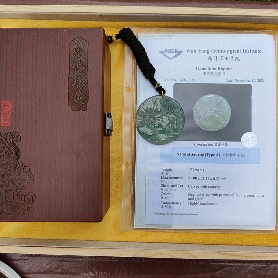 Natural Type A Jadeite carved with beautiful scenery - [51.08 * 51.11 * 6.31 mm] - Weight = 173.9 grams , premium pendant - Highly Translucent , faint greenish blue and green , NGI Certification (pendant155) Yi Pin Qian