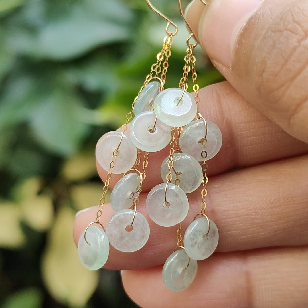 Pair of Hook Earrings set with 18k Gold on 12 Dounut shape Natural Type A Jadeite Jade, certificate weighs 2.84 grams measurement 7 * 2mm (18k04) Yi Pin Qian Jadeites Jade Jewelry ~Your Precious Quintessential ~ Singapore