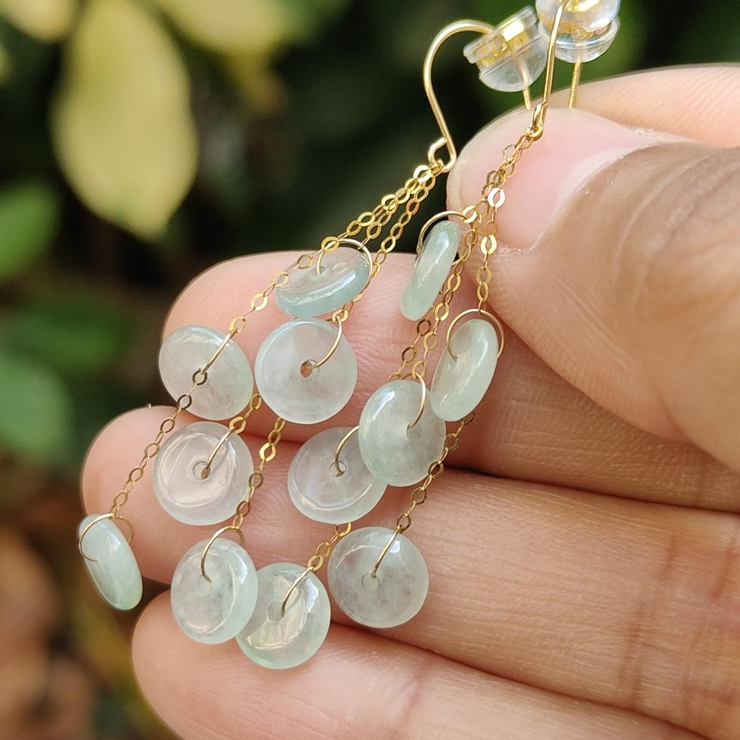 Pair of Hook Earrings set with 18k Gold on 12 Dounut shape Natural Type A Jadeite Jade, certificate weighs 2.84 grams measurement 7 * 2mm (18k04) Yi Pin Qian Jadeites Jade Jewelry ~Your Precious Quintessential ~ Singapore