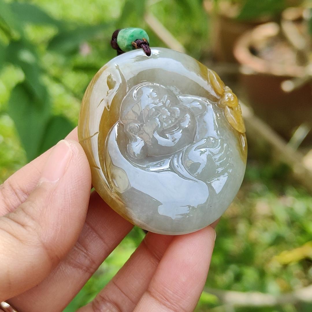 Collectible Yellow with light green Natural Type A Jadeite Jade Pendant Necklace crafted as Milo Buddha, certificate included weigh 38.28 grams, measurement 48.7 * 42.8 * 11 mm (pendant184) Yi Pin Qian