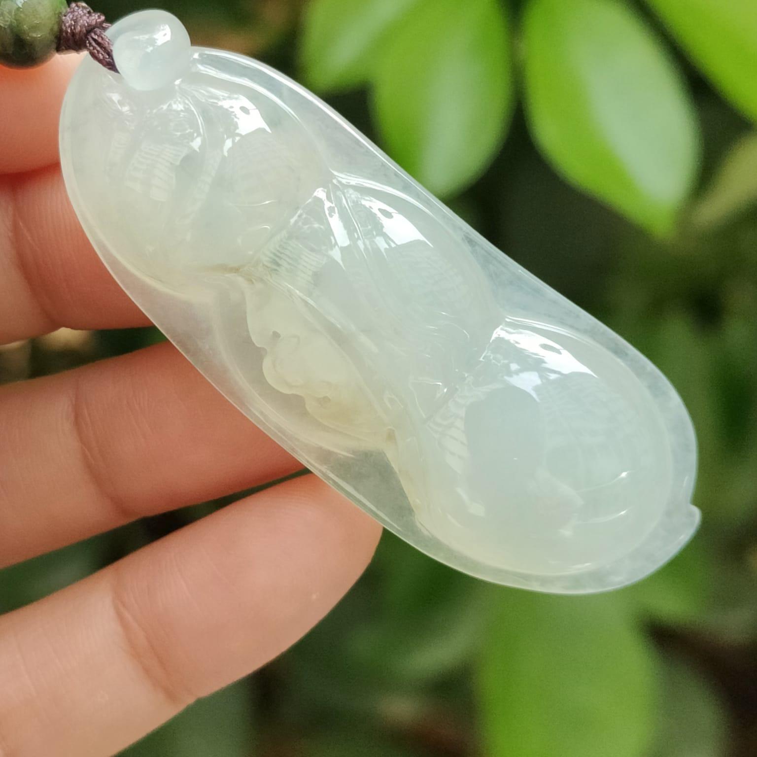 Bean with bat pendant crafted on Icy Translucent Natural Type A Jadeite Jade, certificate weighs 23.26 grams, measurement 56.3 * 22 * 10.7 mm (pendant394) Yi Pin Qian Jadeites Jade Jewelry ~Your Precious Quintessential ~ Singapore