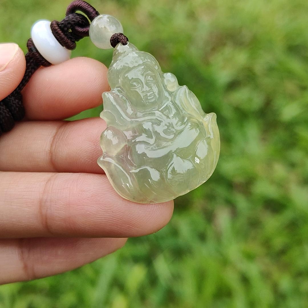 Icy Yellow Natural Type A Jadeite Pendant Necklace crafted as Baby Guanyin seating on Lotus, with certificate weigh 4.78 grams, measurement 31.5 * 26 * 4.3 mm (pendant40) Yi Pin Qian