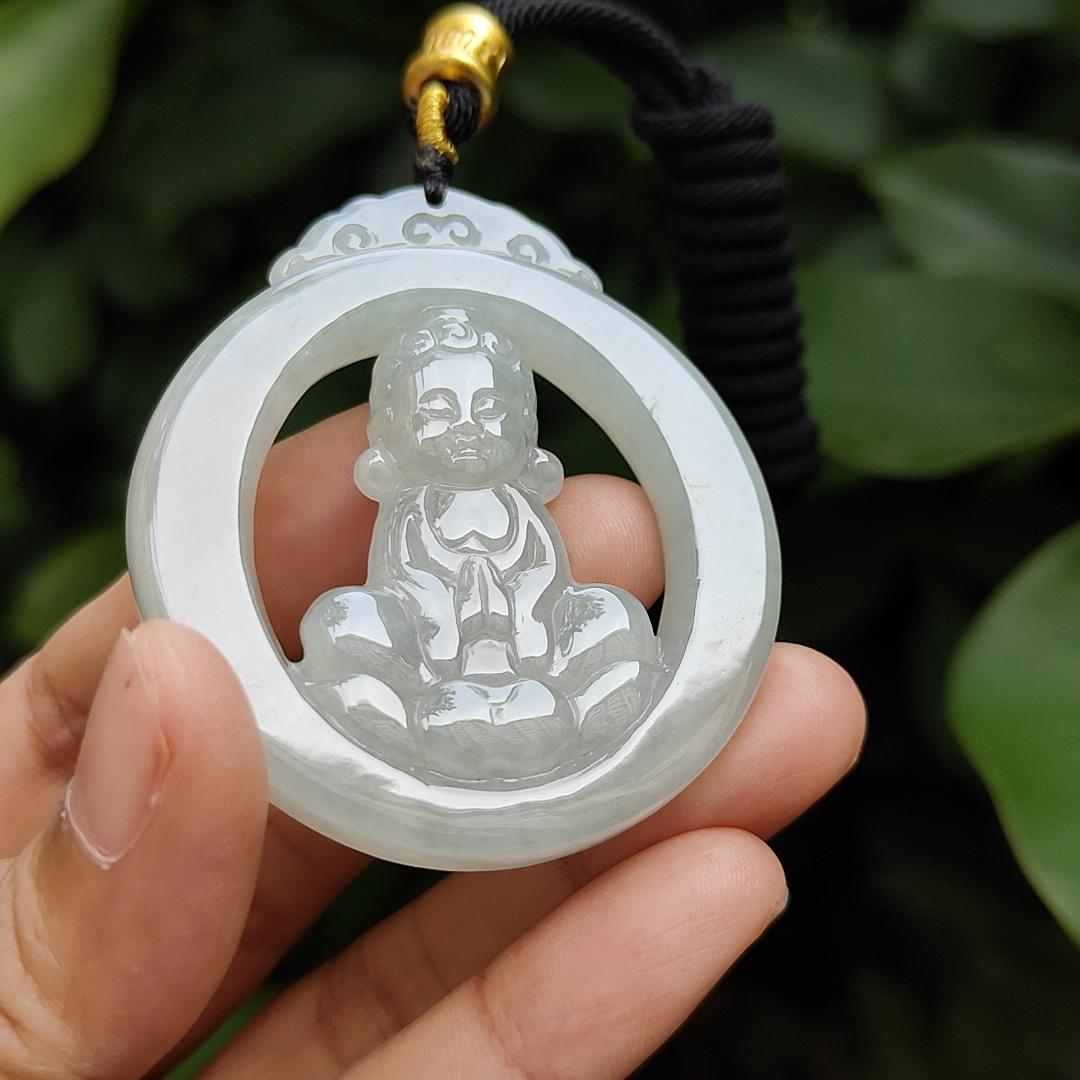 Rare Collection for Collector, Light Green Hue Type A Natural Jade Jadeite crafted with Baby Buddha as Pendant, certificate weighs 29.15 grams, measurement 53.9 * 47.6 * 6.8 mm (pendant306) Yi Pin Qian Jadeites Jade Jewelry ~Your Precious Quintessential ~ Singapore