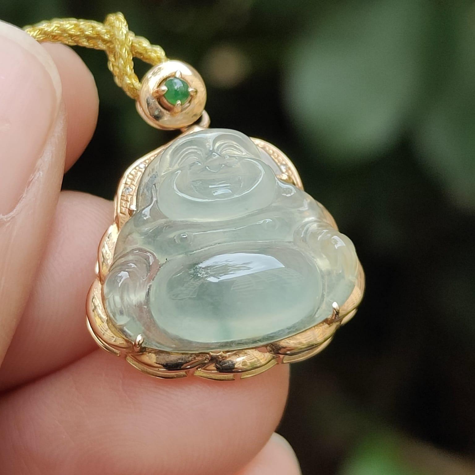 High Translucent Quality Natural Type A Jadeite Jade crafted as Milo Buddha set with 18k gold as Pendant - Latest Arrival in Sg - certificate weighs 2.77 grams, measurement 23 * 19.2 * 8.5 mm (18kp76) Yi Pin Qian Jadeites Jade Jewelry ~Your Precious Quintessential ~ Singapore