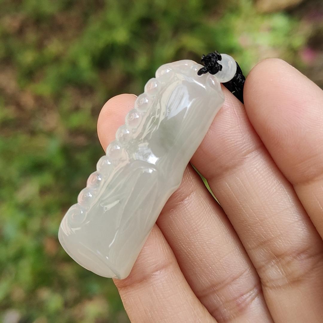 Special Offer Price Semi Icy Bamboo Natural Type A Jadeite Pendant Necklace with QIC approved labs certificate weigh 13.67 grams, 44.3 * 16 * 8.7 mm, symbols of Rising higher and everlasting, suitable for daily wear (pendant53) Yi Pin Qian