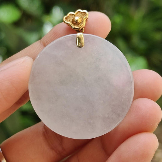 Mid-Year Special - Semi Icy Translucent Natural Type A Jadeite Jade crafted with round shape as Pendant with 18k Gold Clasp, certificate weigh 18.24 grams, measurement 35.2 * 5.5 mm (18kp32) Yi Pin Qian
