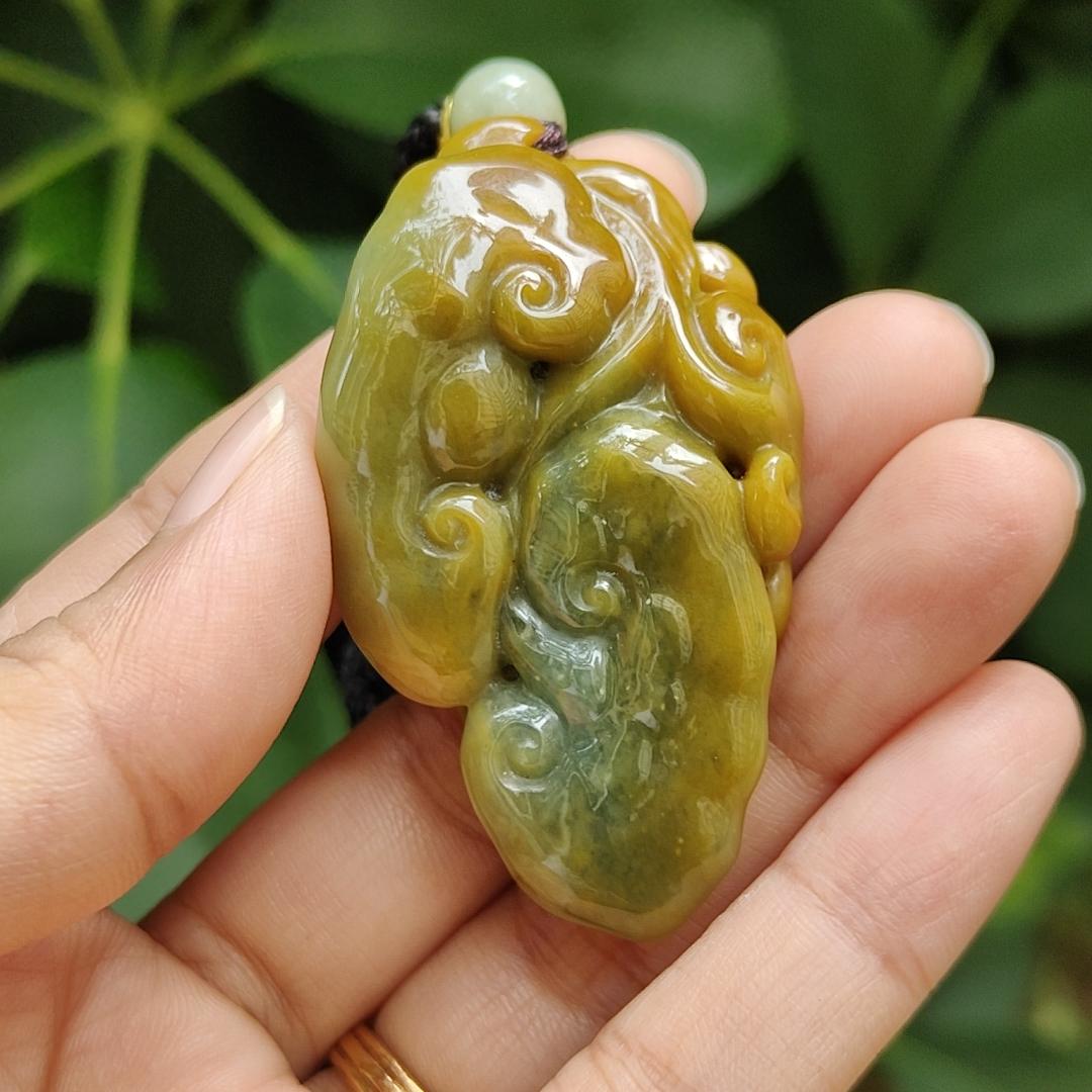 Latest Arrival in SG - Lots of Ruyi Crafted on Light Green Hue with Brown Natural Type A Jadeite Jade as Pendant, certificate weighs 35.21 grams, measurement 54.6 * 31.3 * 14.8 mm (pendant321) Yi Pin Qian Jadeites Jade Jewelry ~Your Precious Quintessential ~ Singapore