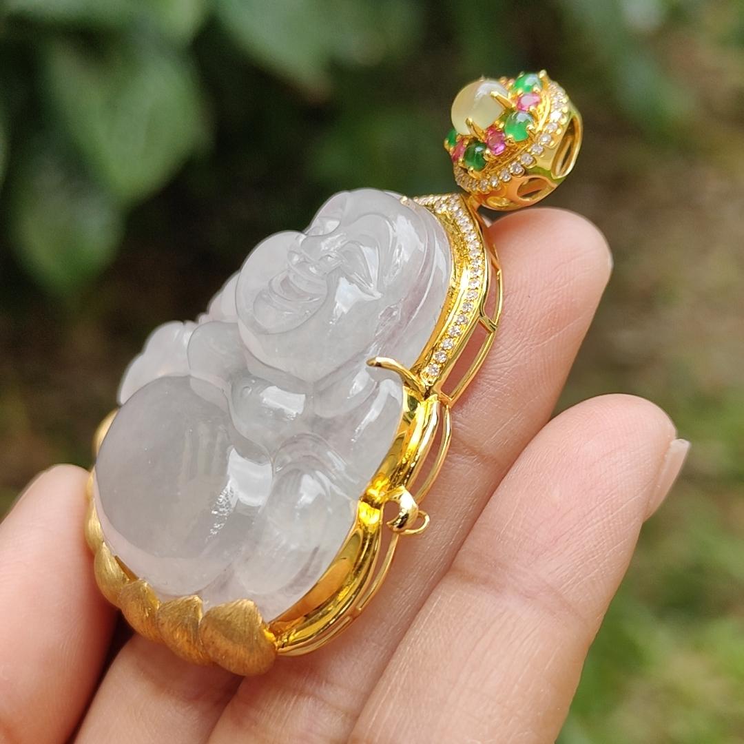Premium Icy Translucent Natural Type A Jadeite Jade crafted as Milo Buddha set on 18k gold with diamonds as Pendant, certificate weighs 26.07 grams, measurement 38.8 * 40 * 7.2 mm, (18kp41) Yi Pin Qian