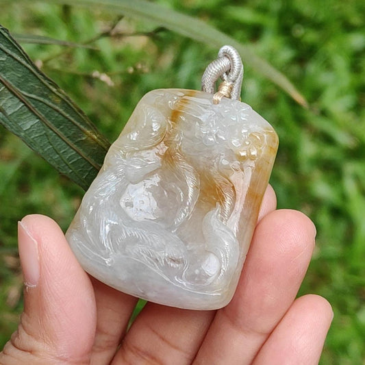Yellow and White Semi Icy Natural Type A Jadeite Pendant Necklace crafted with nine tail fox symbols of Love, Charisma, and Good Luck, QIC Labs approved certificate included weigh 32.9 grams, 44 * 36 * 9 mm, suitable for daily wear Yi Pin Qian