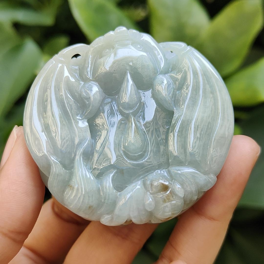 High Quality Light Green Hue with Yellow Patches Natural Type A Jadeite Jade crafted as the flying pixiu as Pendant, certificate weighs 85.45 grams, measurement 54 * 54.6 * 14.6 mm (pendant312) Yi Pin Qian Jadeites Jade Jewelry ~Your Precious Quintessential ~ Singapore