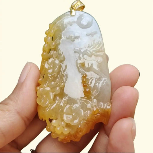 Very Rare Orange Yellow Natural Type A Jadeite Jade crafted with Deer added with 18k Gold Clasp as Pendant, certificate weighs 33.26 grams, measurement 64.8 * 35.2 * 8.5 mm (18kp48) Yi Pin Qian