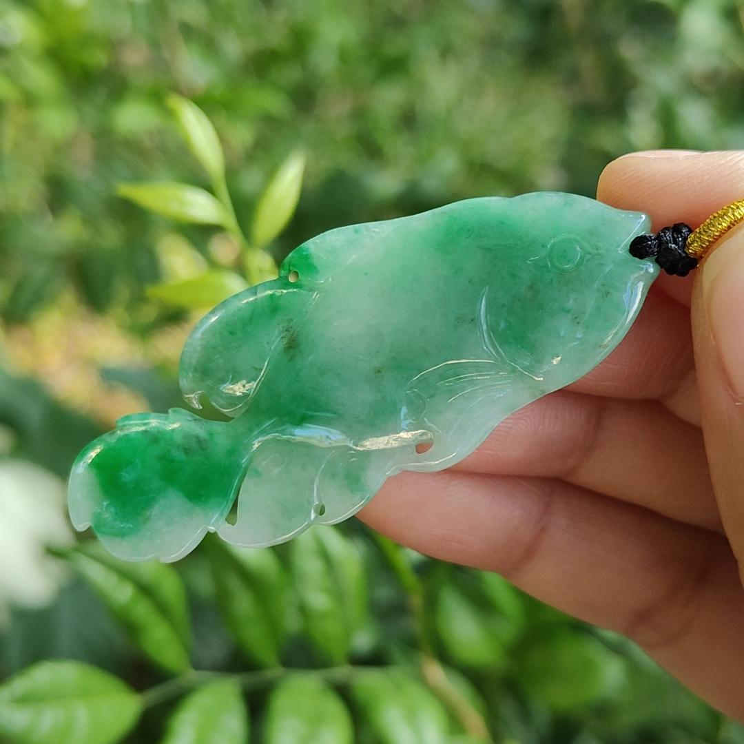 A (Type) Natural Jadeite Jade Light Green with Green crafted as Fish pendant [Collection], certificate weighs 8.69 grams, measurement 59 * 23.6 * 4.6 mm (pendant299) Yi Pin Qian Jadeites Jade Jewelry ~Your Precious Quintessential ~ Singapore
