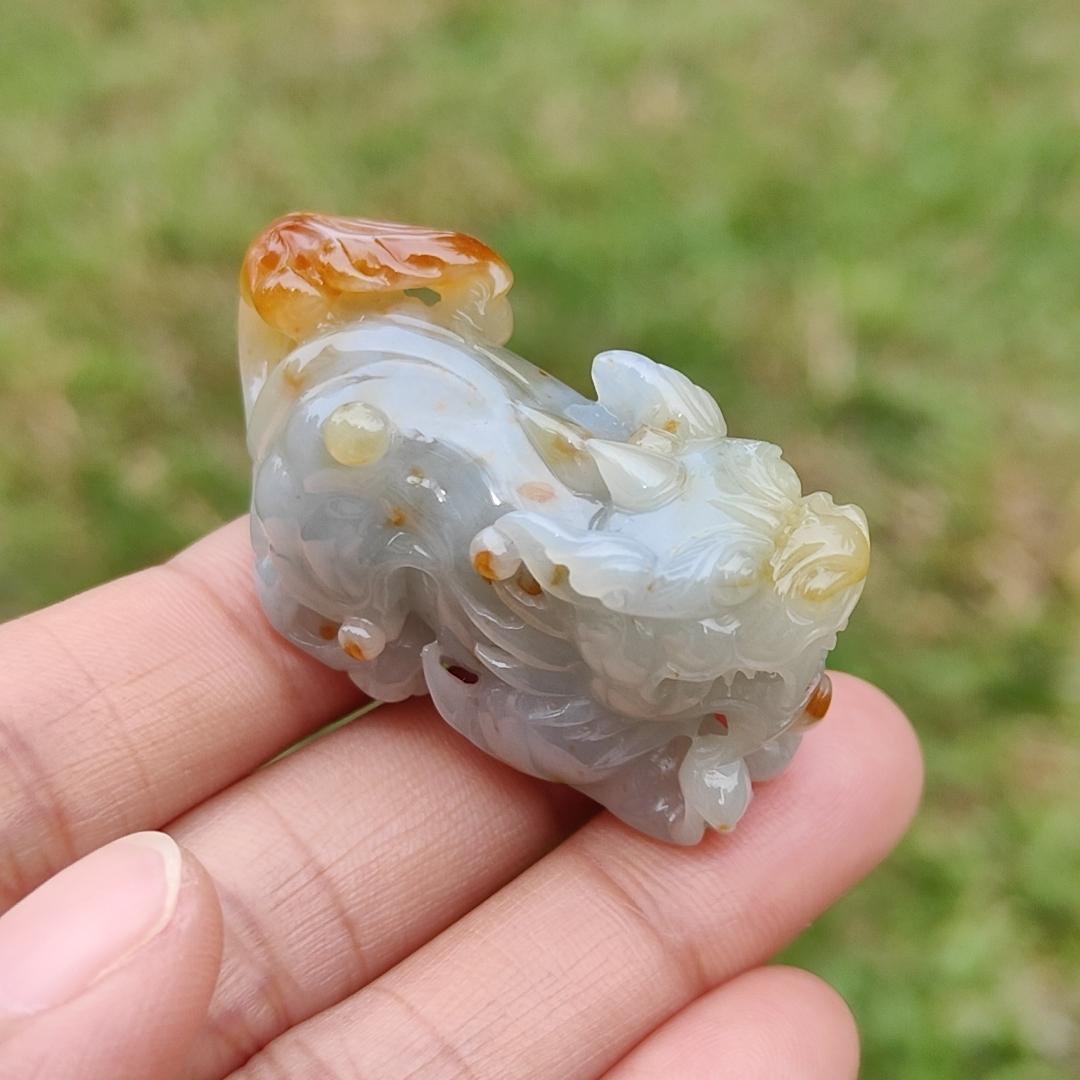 Super Rare Reddish,Yellow abd Tea Green Premium Quality Natural Type A Jadeite Jade crafted with Pixiu as Pendant with certificate weigh 34.14 grams, measurement 45.2 * 19.5 * 22.1 mm (pendant221) Yi Pin Qian